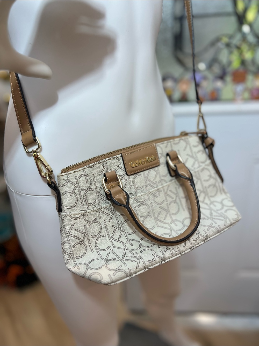 Calvin Klein Beige Monogram Satchel Bag wear on handles n crossbody strap